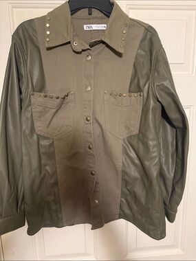 ZARA Olive Mixed-Media Studded Utility Jacket